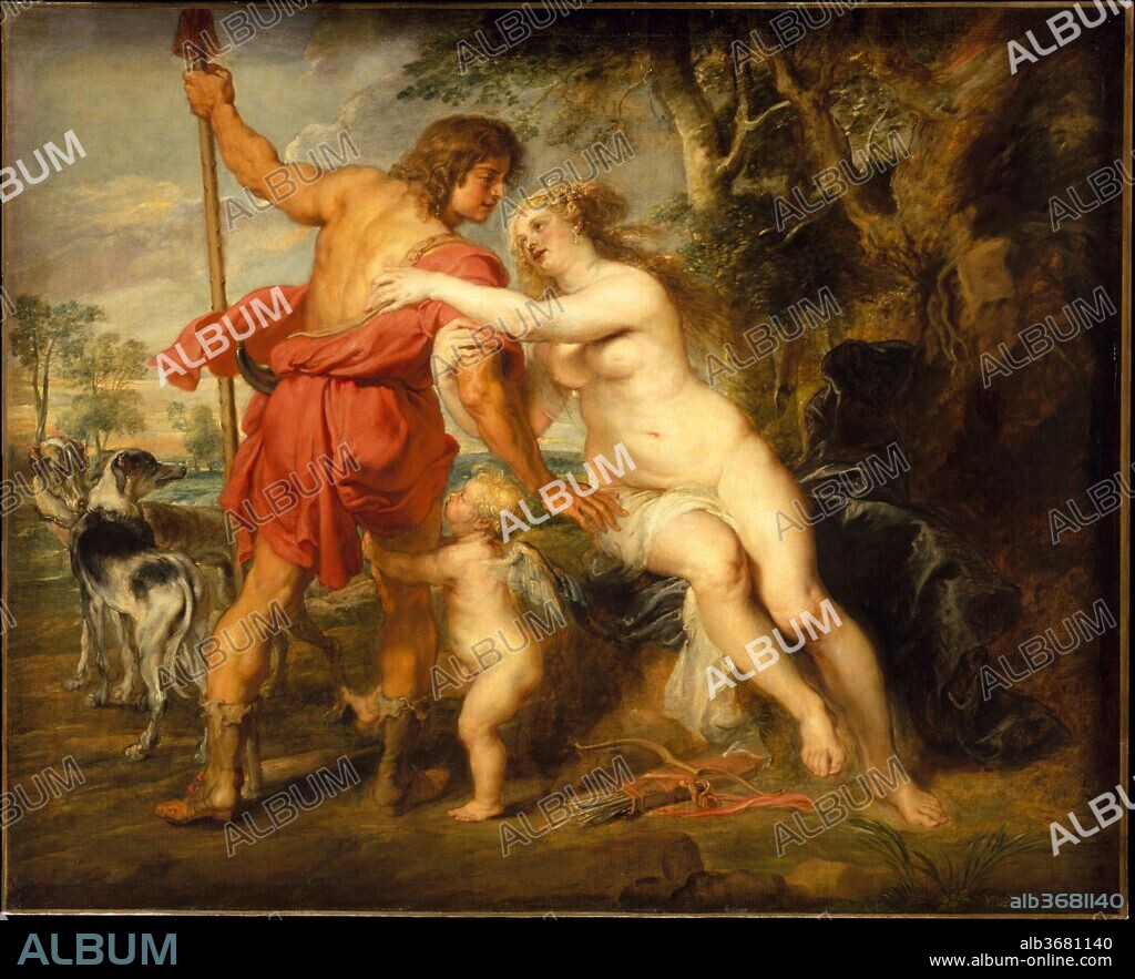 Venus and Adonis. Artist: Peter Paul Rubens (Flemish, Siegen 1577-1640 Antwerp). Dimensions: With added strips, 77 3/4 x 95 5/8 in. (197.5 x 242.9 cm). Date: probably mid-1630s.
The subject is from Ovid's <i>Metamorphoses</i> (completed 8 A.D). Accidently pricked by one of Cupid's arrows, Venus fell in love with the handsome hunter Adonis. Rubens shows their leave-taking--a Renaissance embellishment famously depicted by Titian (see his canvas in Gallery 607). With manly indifference to the goddess's charms and her warnings of danger, Adonis hunted a wild boar and was gored to death. Except for its conclusion, the story was well suited to decorate grand country houses, where the chase occupied noblemen indoors and out.