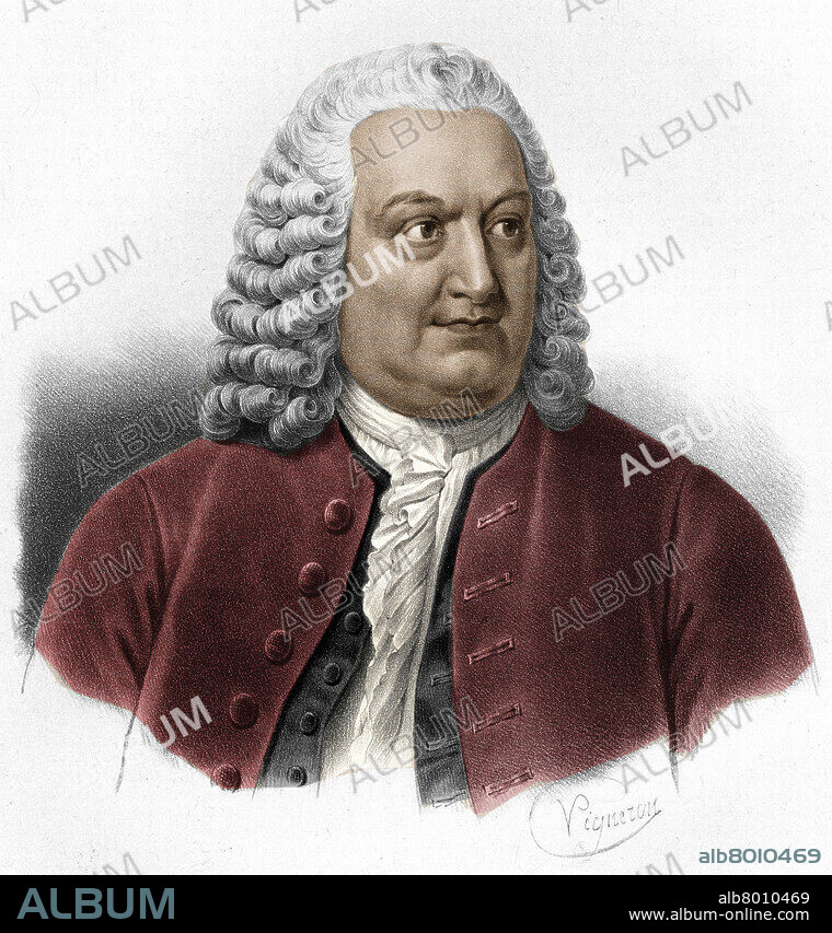 VIGNERON. Albrecht von Haller (1708-1777), Swiss anatomist, physiologist and naturalist born in Berne (Switzerland). Coloured engraving of the 19th. Century.