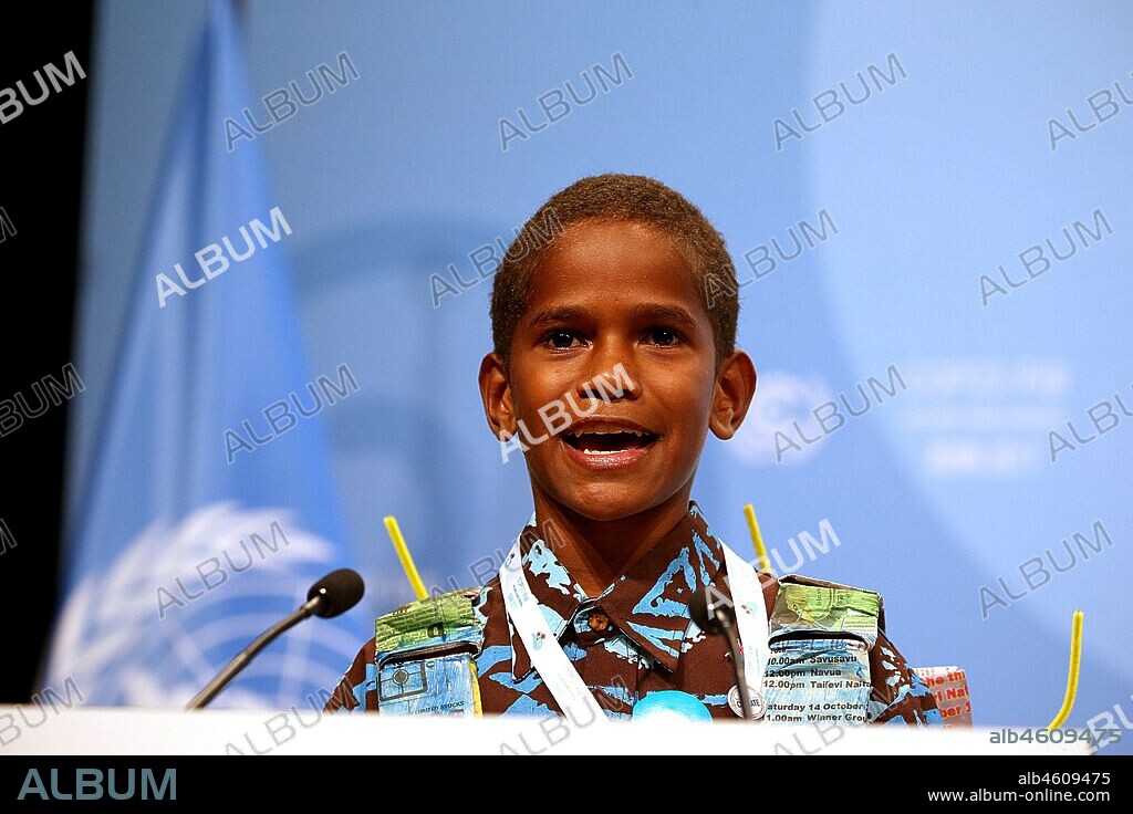 November 15, 2017 - Bonn, North Rhine-Westphalia, Germany - Twelve-year old Timoci Naulusala from Fiji speaks during the World Climate Conference in Bonn, Germany, 15 November 2017. The COP23 World Climate Conference takes place in Bonn between 06 and 17 November. Photo: Oliver Berg/dpa (Credit Image: © Oliver Berg/DPA via ZUMA Press). 15/11/2017