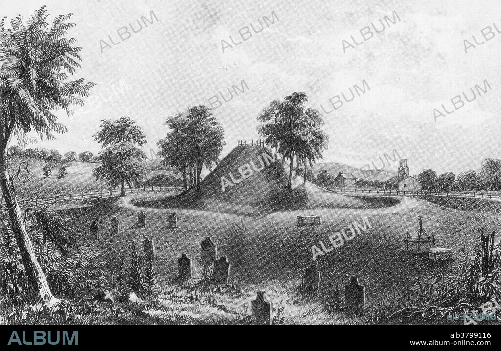 Mound building was a central feature of the public architecture of many Native American and Mesoamerican cultures from Chile to Minnesota. Thousands of mounds in America have been destroyed as a result of farming, pot-hunting, amateur and professional archaeology, road-building and construction. Surviving mounds are still found in river valleys, especially along the Mississippi, Tennessee and Ohio Rivers, and as far west as Spiro Mounds in Oklahoma. Mounds were used for burial, to support residential and religious structures, to represent a shared cosmology, and to unite and demarcate community. Common forms include conical mounds, ridge-top mounds, platform mounds, and animal effigy mounds, but there are many variations. Mound building in America is believed to date back to at least 3400 BC in the Southeast. The Adena and the Mississippian cultures are principally known for their mounds, as is the Hopewell tradition. This illustration appeared in Ephraim George Squier and Edwin Davis' book, Ancient Monuments of the Mississippi Valley, 1848. Together they were responsible for the excavations of some 200 prehistoric Indian mounds.