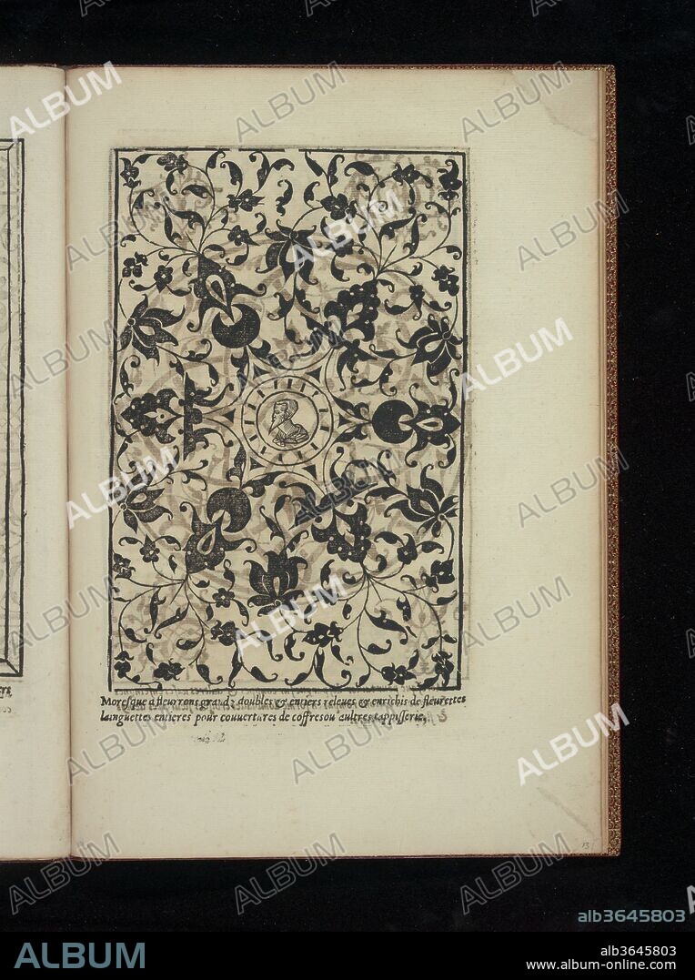 Livre de Moresques, page 13 (recto). Artist: Francesco di Pellegrino (Italian, born Florence, died 1552). Dimensions: Overall: 12 x 8 5/16 x 1/4 in. (30.5 x 21.1 x 0.7 cm). Published in: Paris. Publisher: Published by Hiérosme de Gormont; Previously published by Cornelis Bos (Netherlandish, Hertogenbosch ca. 1510?-before 1566 Groningen). Date: 1546.
This book of moresques reproduces designs by the Italian artist Francesco Pellegrino, first published in book form by the artist in Paris in 1530 under the title La Fleur de la Science de Pourtraicture. It is considered the first elaborate publication to introduce the exotic designs in Western Europe, although the ornament was known already through the import of textiles and other objects from the Near East. The publication of the ornament in books and prints immensely increased the interest of native artist and it soon became highly fashionable. 
Pellegrino's designs were reordered and presented in compressed form in the Livre de Moresque, which appears to have been published first by Cornelis Bos in Antwerp in 1543. Gormont subsequently published the book in Paris in 1546, possibly with the consent of Bos, whom had spent some time in Paris after his expulsion from Antwerp in 1544, and had settled in Germany (Nuremberg) by 1546.
