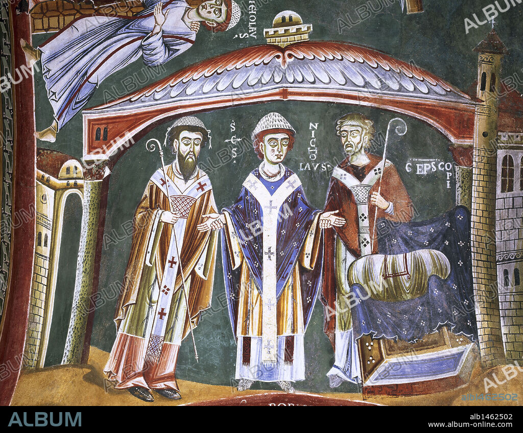 ARTE BIZANTINO. ITALIA. S. XI. CAPILLA DE SAN ELDRADO Y SAN NICOLAS (s. XI). CICLO DE SAN NICOLAS (bóveda). "SAN NICOLAS ES CONSAGRADO OBISPO". Abadía Benedictina de Novalesa. Provincia de Turín. Italia.