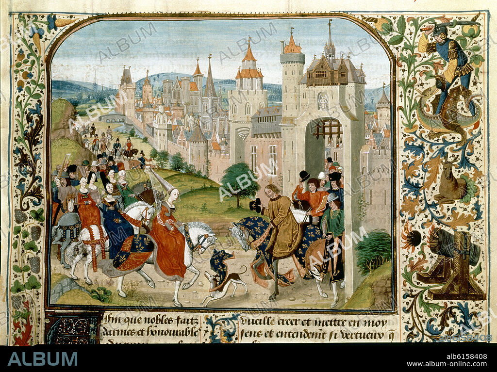 JEAN DE FROISSART (1333-1410). CARLOS IV FRANCIA RECIBE A LA REINA ISABEL DE INGLATERRA - 1325 - MANUSCRITO GOTICO.