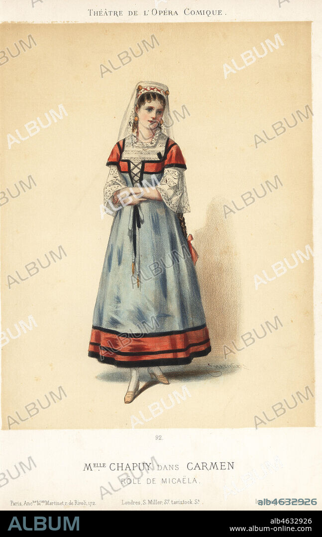 Marguerite Chapuy, French soprano, in the role of Micaela in Bizet's opera Carmen at the Theatre de l'Opera Comique, 1875. Handcoloured lithograph by Chatiniere published by Martinet, Paris, 1875.