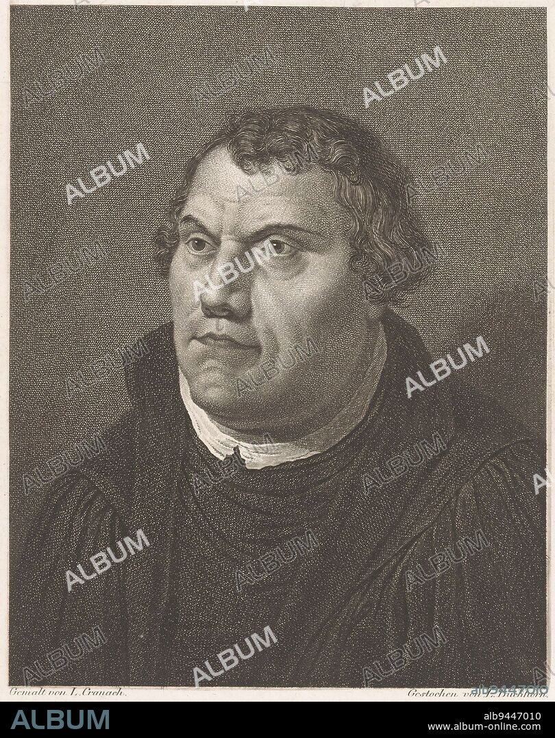Portrait of Martin Luther, Ludwig Buchhorn, after Lucas Cranach (I), 1806, print maker: Ludwig Buchhorn, (mentioned on object), Lucas Cranach (I), (mentioned on object), publisher: Johann Joseph Freidhoff, (mentioned on object), Berlin, 1806, paper, etching, engraving, h 250 mm - w 185 mm.