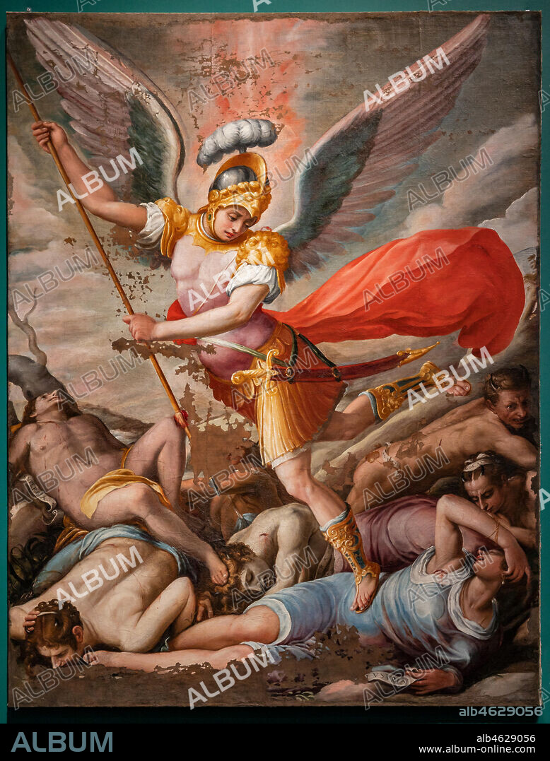 Perugia, National Gallery of Umbria: "St. Michael the Archangel tramples the personifications of the deadly sins", by Orazio Alfani, mid-sixteenth century. Oil painting on canvas.