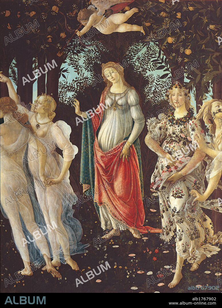 Primavera, by Sandro Filipepi Known as Botticelli, 1478 about, 15th Century, thick tempera on panel, cm 203 x 314. Italy, Tuscany, Florence, Uffizi Gallery. Eight poplar-wood panels, of varying widths and uniform thickness of 3cm joined at the back by two firwood crosspieces. Detail. The figure of Venus amid the three dancing Graces and Flora, wearing a flowery robe. Above flies Cupid. In the background is a wood. Beneath is a flowery meadow. Authorization required for non editorial use.