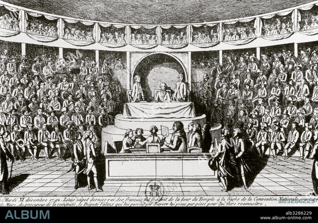 REVOLUCION FRANCESA (1789-1799). CONVENCION NACIONAL. Asamblea constituyente francesa que sustituyó a la Asamblea Legislativa y gobernó el país del 20 de septiembre de 1792 al 26 de octubre de 1795. "Interrogatorio del rey Luis XVI ante la Convención Nacional" (sesión del 11 de diciembre de 1792). Aguafuerte publicado en un periódico de la época.