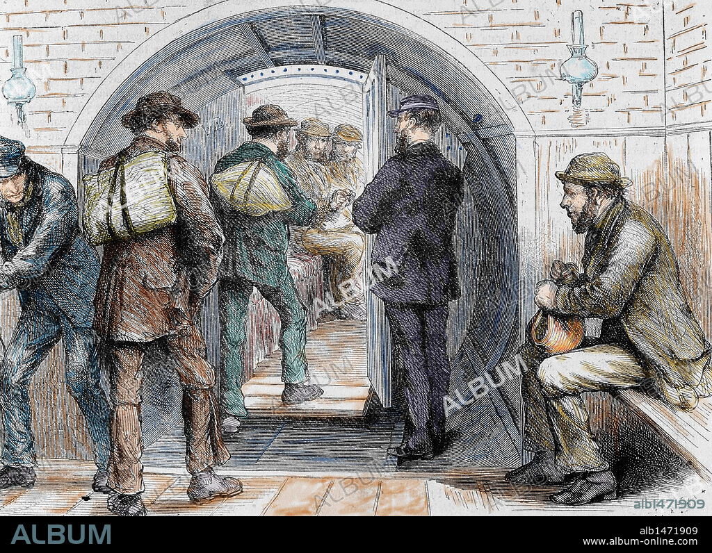 GODEFROY DURAND. SOCIEDAD S. XIX. INGLATERRA. TUNEL DE LONDRES. "Entrada de los obreros que se dirigen a sus puestos de trabajo". Grabado coloreado de "La Ilustración Española y Americana" (1870) .