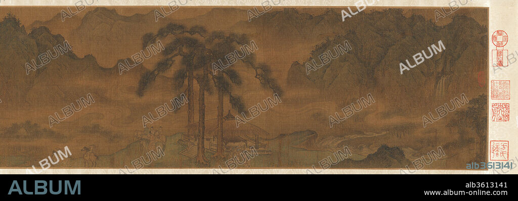 A Diplomatic Mission to the Jin. Artist: Attributed to Yang Bangji (Chinese, ca. 1110-1181). Culture: China. Dimensions: Image: 10 1/2 in. × 56 in. (26.7 × 142.2 cm)
Overall with mounting: 11 5/8 in. × 26 ft. 11 3/4 in. (29.5 × 822.3 cm). Date: ca. late 1150s.
After the Jurched Jin conquered northern China in 1127, the Chinese court fled from Kaifeng to the southern city of Hangzhou. To maintain peace on the northern border of their shrunken empire, the Chinese paid annual tributes amounting to 200,000 taels of silver and 200,000 bolts of silk.
Although there is no inscription to confirm it, the theme of this scroll may be the Song envoys meeting those of the Jin. Painters under the Jin continued the styles of the Northern Song, albeit with modifications. In contrast to the dramatic scale of the massive peaks in Northern Song painting, the forms here stress surface abstraction; the mountains are softened with green wash and the valleys are laced with mist.