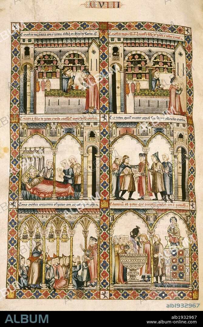 LITERATURA CASTELLANA. S. XIII. CANTIGAS DE SANTA MARIA, obra personal de Alfonso X "El Sabio" (Toledo,1221-Sevilla,1284). Colección de 430 poemas difundida en códices ilustrados con miniaturas y donde se consigna la melodía de cada composición. Páginas miniadas. Biblioteca de El Escorial. Madrid. España. PATRIMONIO NACIONAL. Cantiga 108. F155v. Merlin pide que el hijo del judio nazca con rostro hacia atrás.