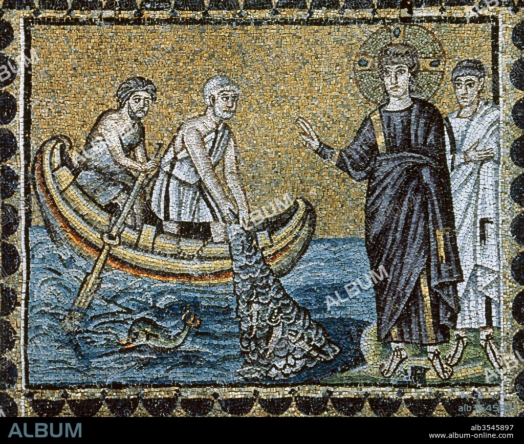 Byzantine mosaic depicting The Calling of Saints Peter and Andrew. 6th century. Basilica of Saint Apollinare Nuovo. Ravenna, Italy.