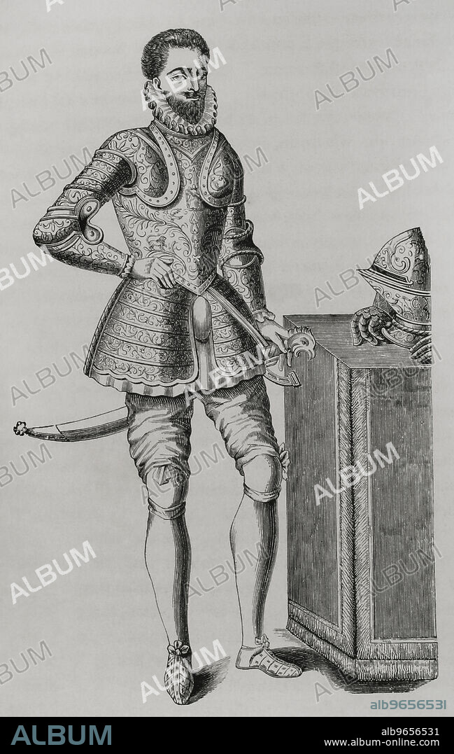 Armadura damasquinada de finales del siglo XVI. Retrato del principe francés Francisco de Francia (1554-1584), duque de Alençon. Grabado. "Les Arts au Moyen Age et a l'Epoque de la Renaissance", por Paul Lacroix. París, 1877.