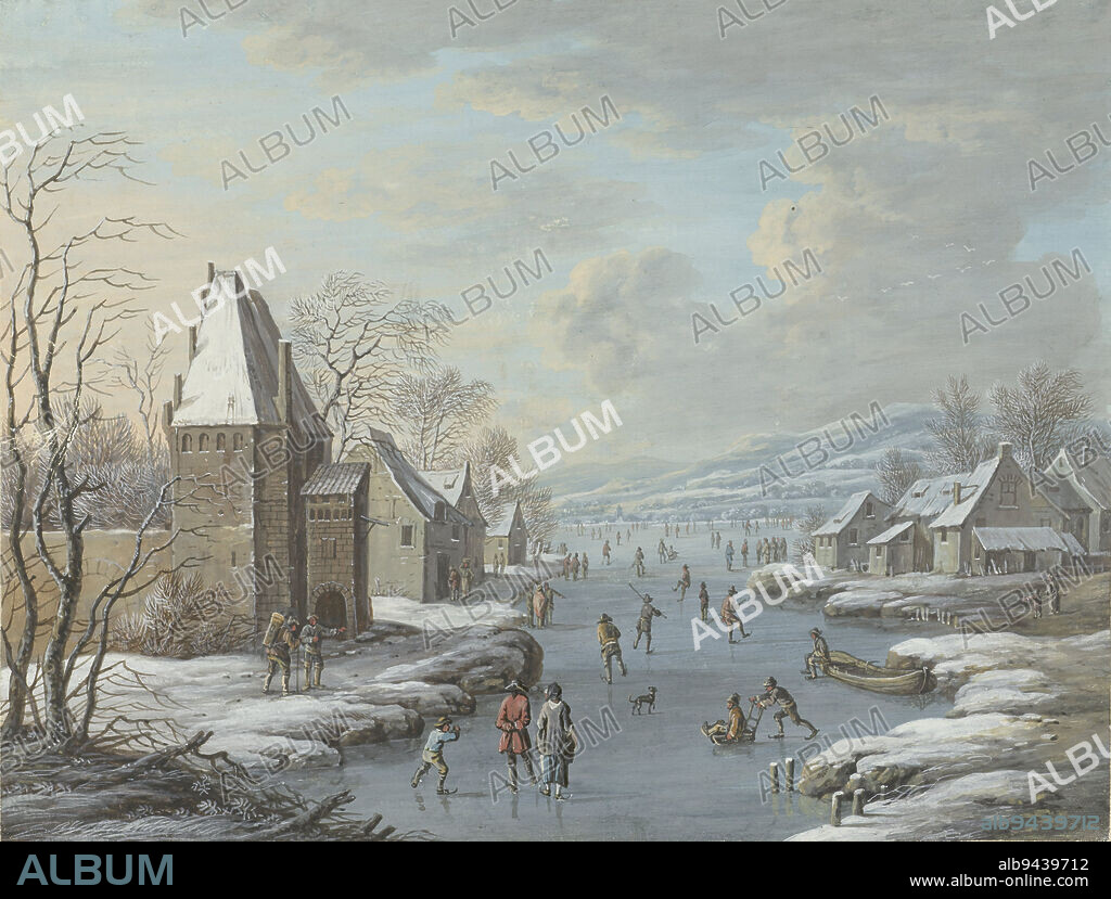 Winter scene with ice entertainment, Barbara Regina Dietzsch, 1677 - 1719, draughtsman: Barbara Regina Dietzsch, draughtsman: Christoph Ludwig Agricola, 1716 - 1783 and/or 1677 - 1719, paper, brush, h 171 mm × w 225 mm.