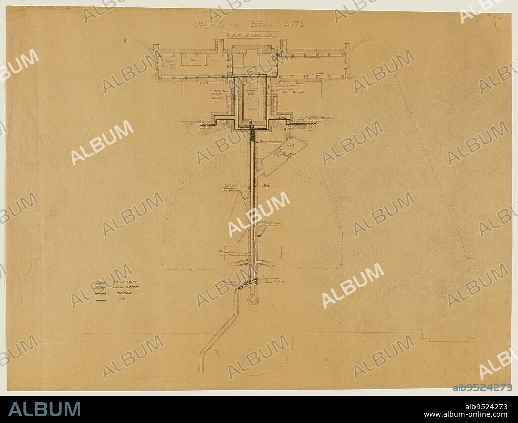 Basement plan, Girault, Charles Louis, Draftsman, Circa 1900, 4th quarter of the 19th century, Drawing, Architecture - Town planning, Graphic arts, Architectural drawing, Plan, section, elevation, Encre de couleur, Dimensions - Work: Height: 53.5 cm, Width: 70.1 cm.