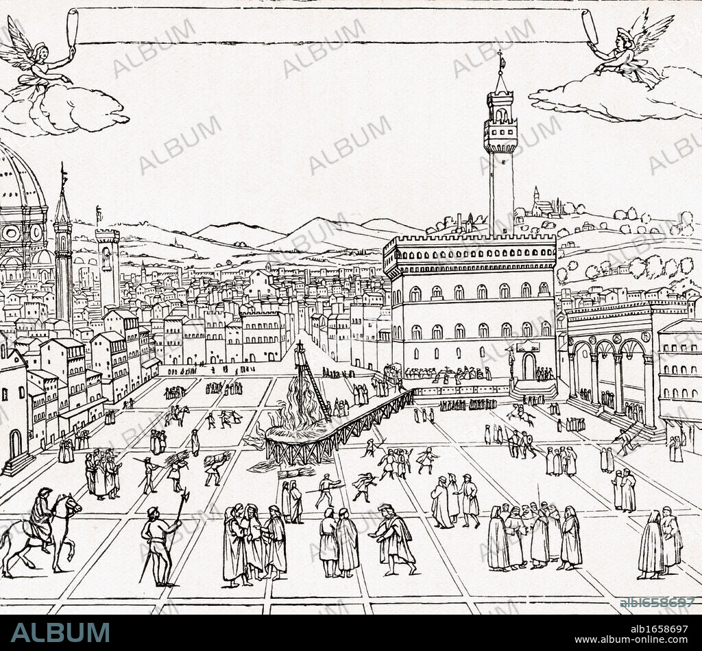 The Execution of Girolamo Savonarola aka Jerome Savonarola or Hieronymus Savonarola 1452 n 1498. Italian Dominican priest Illustration from the book Life and Times of Girolamo Savonarola published 1909.