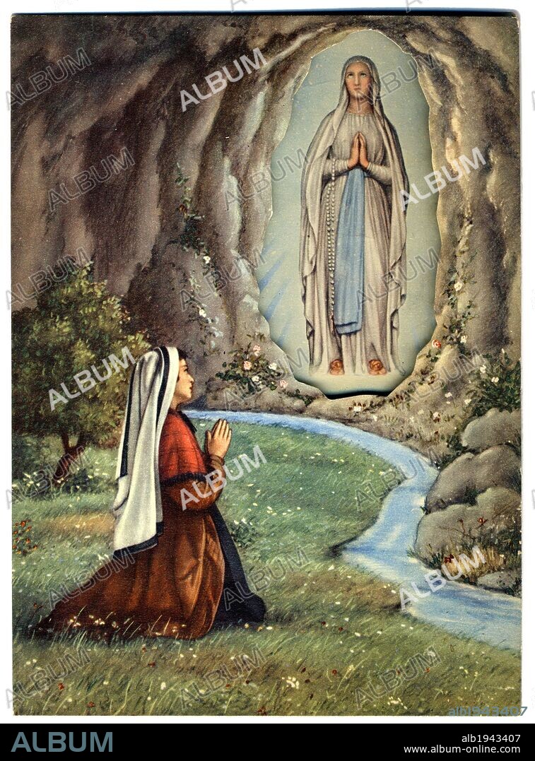 "La Virgen se le aparece a Bernadette Soubirous en Lourdes, convertido en lugar de peregrinaje en 1858". Estampa publicada en 1958.