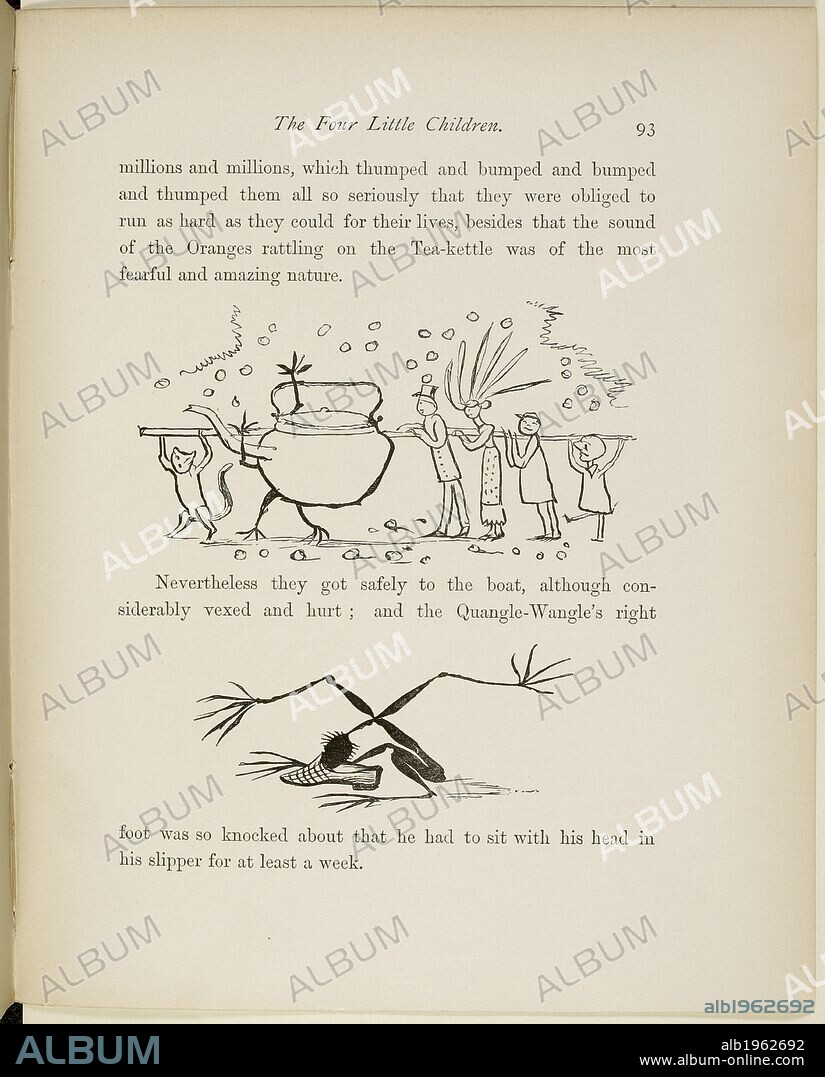 EDWARD LEAR. Pussy, the Quangle-Wangle, and the four children carrying a large tea-pot (above); the Quangle-Wangle with his head in a slipper (below). A Book of Nonsense ... With all the original pictures and verses. George Routledge & Sons: London, [1910.]. A Book of Nonsense ... With all the original pictures and verses.   . Source: 12812.bb.26 93.