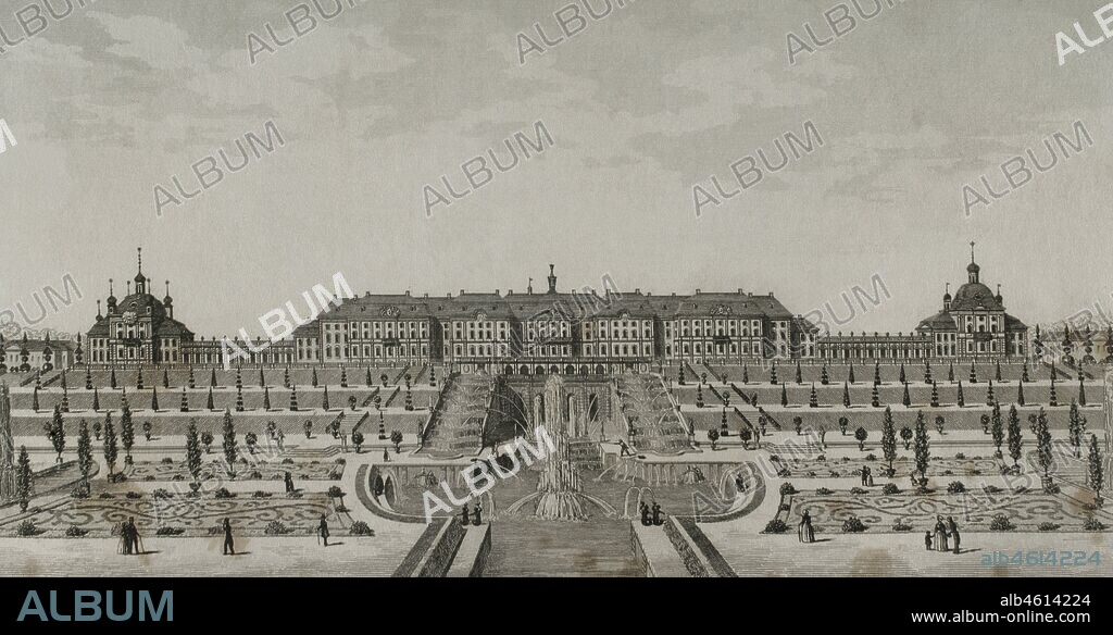 Rusia. Vista general del conjunto Palacio de Peterhof, con el Gran Palacio, la Gran Cascada y los Jardines. Alrededores de San Petersburgo. Grabado por Lemaitre y Huguenet. Historia de Rusia por Chopin. Panorama Universal, edición española de 1839.