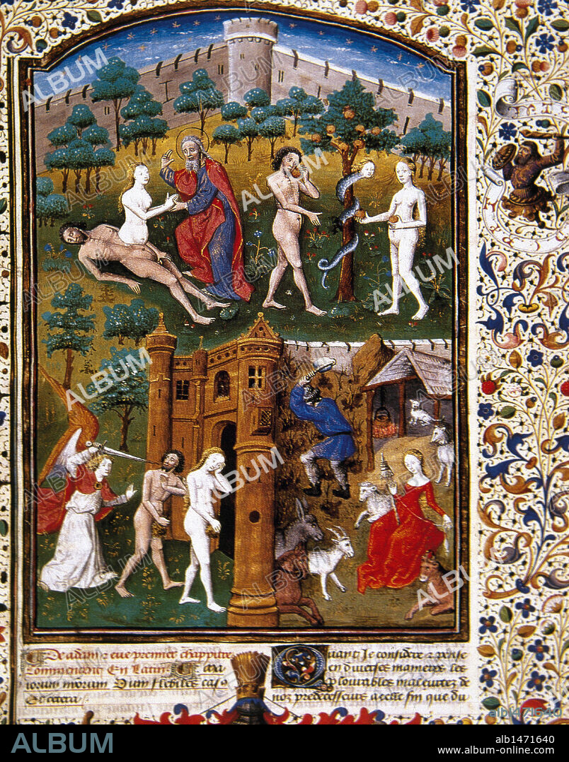 The creation of Eve. Meeting of Adam and Eve with the serpent. The punishment of Adam and Eve to work in the field. Miniature of 15th century century. "Des cas des nobles hommes et femmes". France. Chateau of Chatilly. France.