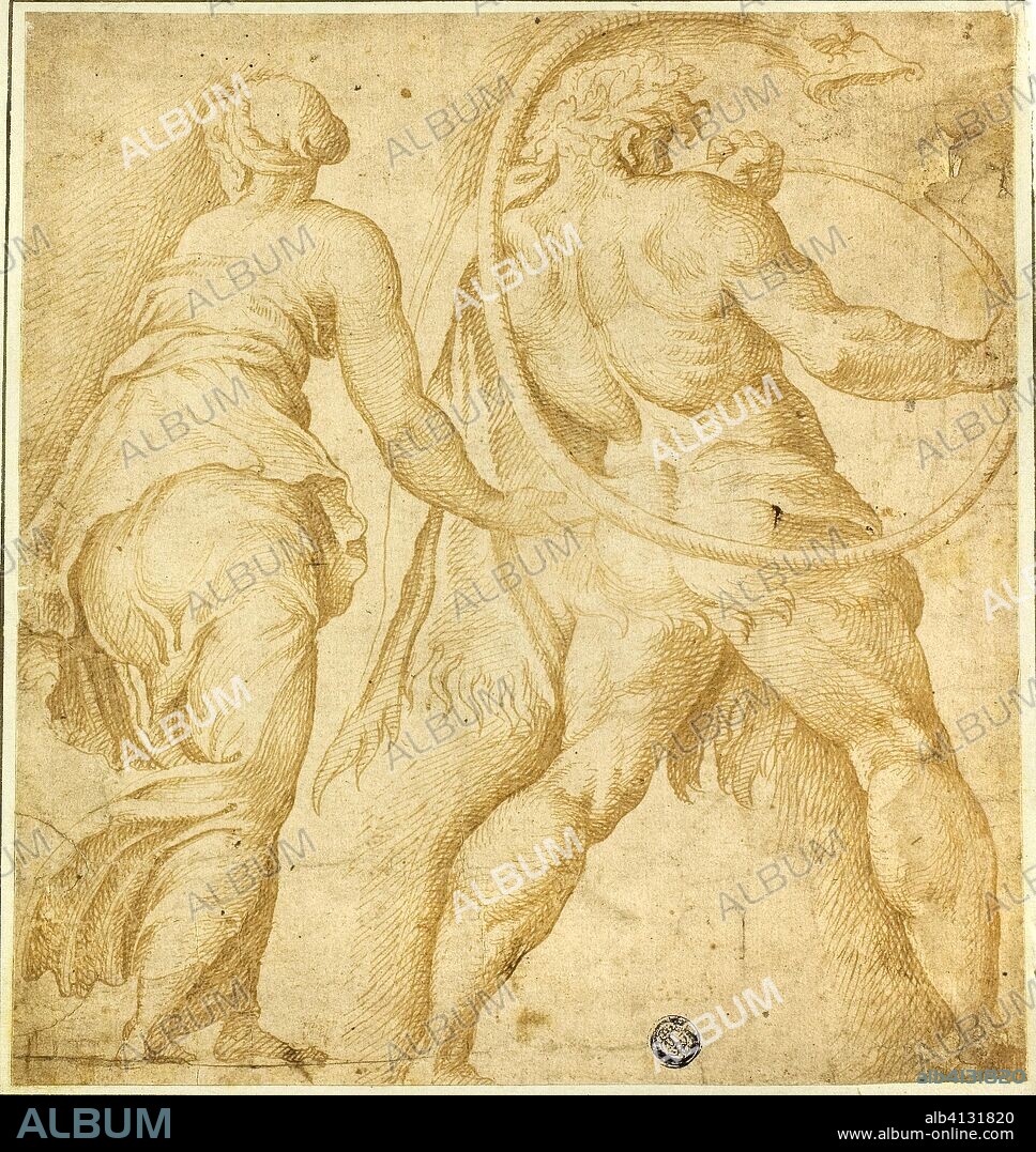 Woman Turning Left; Male Nude Blowing Trumpet. After Polidoro Caldara, called Polidoro da Caravaggio; Italian, c. 1499-c. 1543. Date: 1519-1543. Dimensions: 210 x 197 mm. Pen and brown ink with brush and brown wash, on ivory laid paper, laid down on green wove paper. Origin: Italy.
