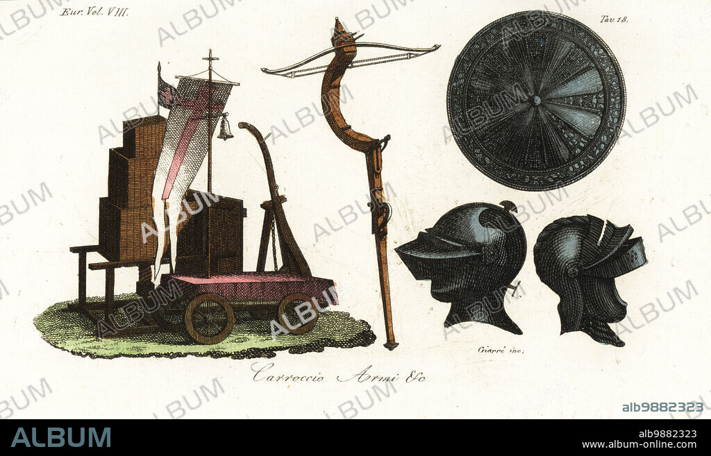 Carroccio, medieval four-wheel wagon with insignia and banner of Milan. From a design in Vicende di Milano. Weapons including crossbow, shield and helmet. Handcoloured copperplate engraving by Giarre from Giulio Ferrarios Costumes Ancient and Modern of the Peoples of the World, Il Costume Antico e Moderno, Florence, 1844.