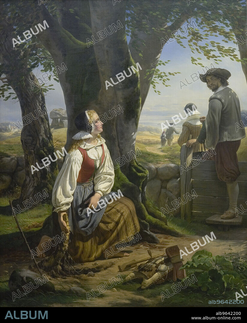 NIELS SIMONSEN. Kirsten Svendsdatter Finds the Gold Horn at Gallehus on 20 July 1639, 1859. (In 1639, a young peasant woman discovered a golden horn sticking out of the ground near her home in Denmark. The Golden Horn of Gallehus, made in the 5th century, provides one of the earliest examples of a full sentence written in Elder Futhark.).