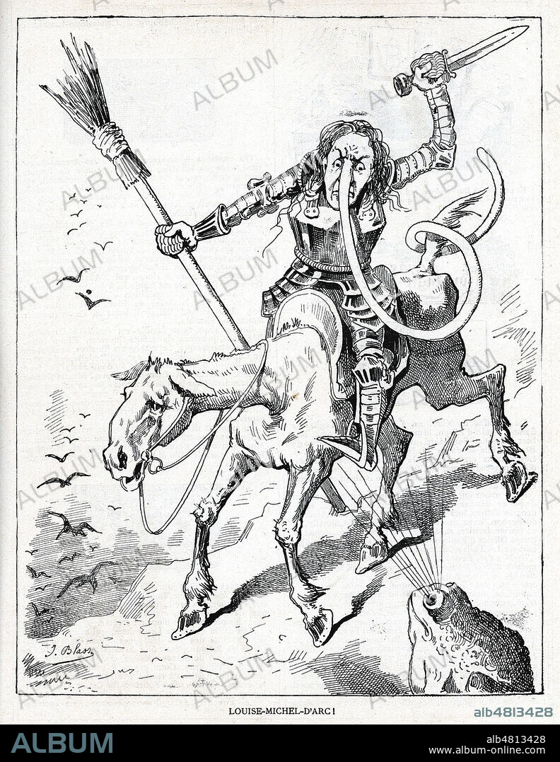 LOUISE-MICHEL-D'ARC. (Louise MICHEL (1830-1905) combattant le crapaud Leon GAMBETTA (1838-1882) avec son balai de sorciere). Caricature de J.BLASS (1847-1892) pour la revue satirique royaliste Le Triboulet du 23 octobre 1881. Credit : Collection Kharbine-Tapabor.