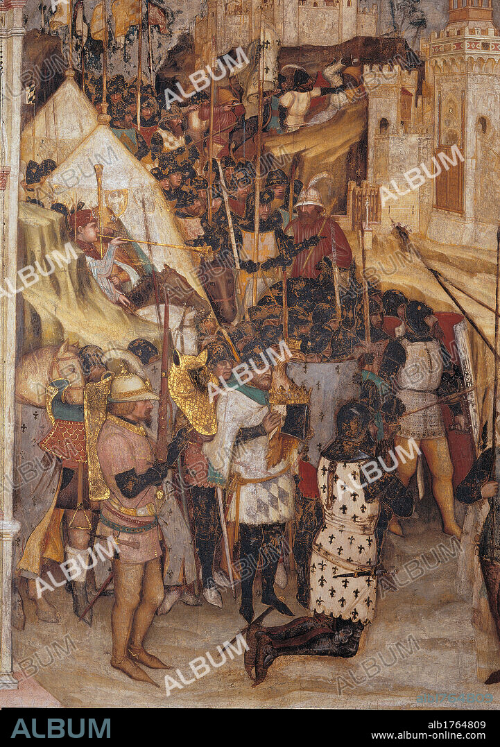 Stories of St James Episode no. 9 the Dream of King Ramirez, The Meeting of the Council and the Battle of Clavijo, by Altichiero da Zevio, 1372-1379 about, 14th Century, fresco,. Italy, Veneto, Padua, Basilica del Santo, San Giacomo Chapel. Stories of St James Episode no. 9 The Dream of King Ramirez, The Meeting of the Council and the Battle of Clavijo Detail scene on the left, the battle of Clavijo, the Spanish formations ranks in the foreground. After the restoration. Encampment camp armors lance spear horse walls.