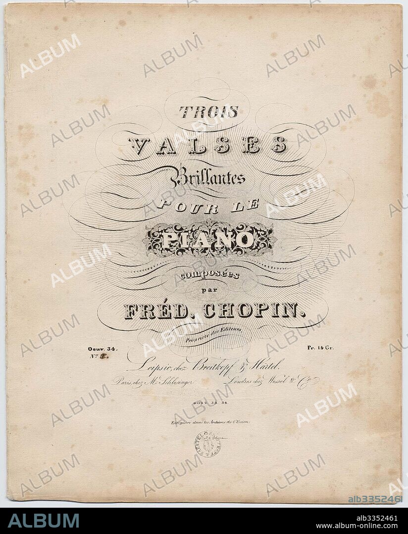 FREDERIC CHOPIN. Cover page of the first German edition of the Trois Valses Brillantes, Breitkopf & Härtel.