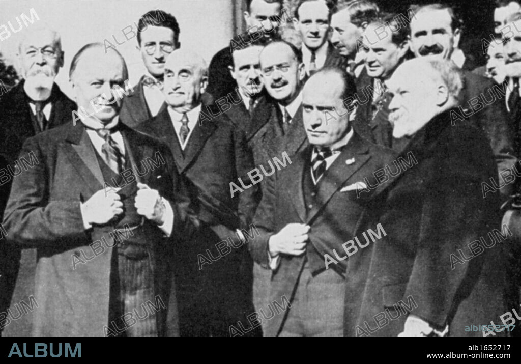 First meeting of the Allied Representatives at the Lausanne Conference, which met in November 1922, to make peace with Turkey. Left to right front row:  Lord Curzon (British), Benito Mussolini  (Italian) and Raymond Poincare (French).