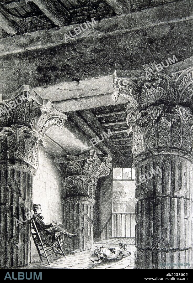 BARCELONA. COLUMNAS ROMANAS EN LA CALLE DEL PARADIS. DIBUJO DE FRANCISCO XAVIER PARCERISA. MADRID 1855.