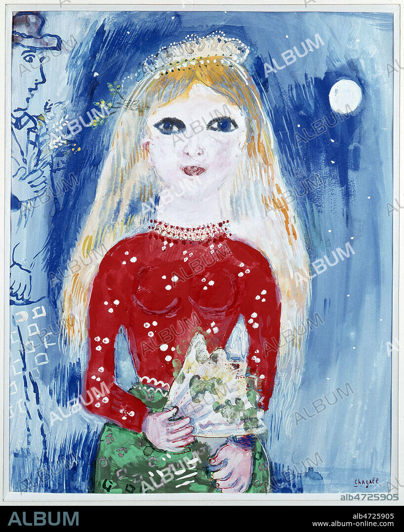 MARC CHAGALL. Une petite mariee blonde qui porte un bouquet. Peinture de CHAGALL MARC (1887-1985 = ADAGP ) . Photo Bernard DUPONT , collection privee. Credit B.DUPONT/KHARBINE TAPABOR.