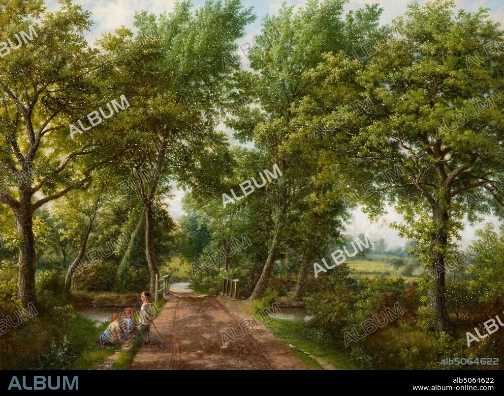 Hobb Moor Road Ford, Birmingham, J. Jolly, Oil Painting, Topographical Views, Child, River, Birmingham history, Bridge, Woodland, Road.