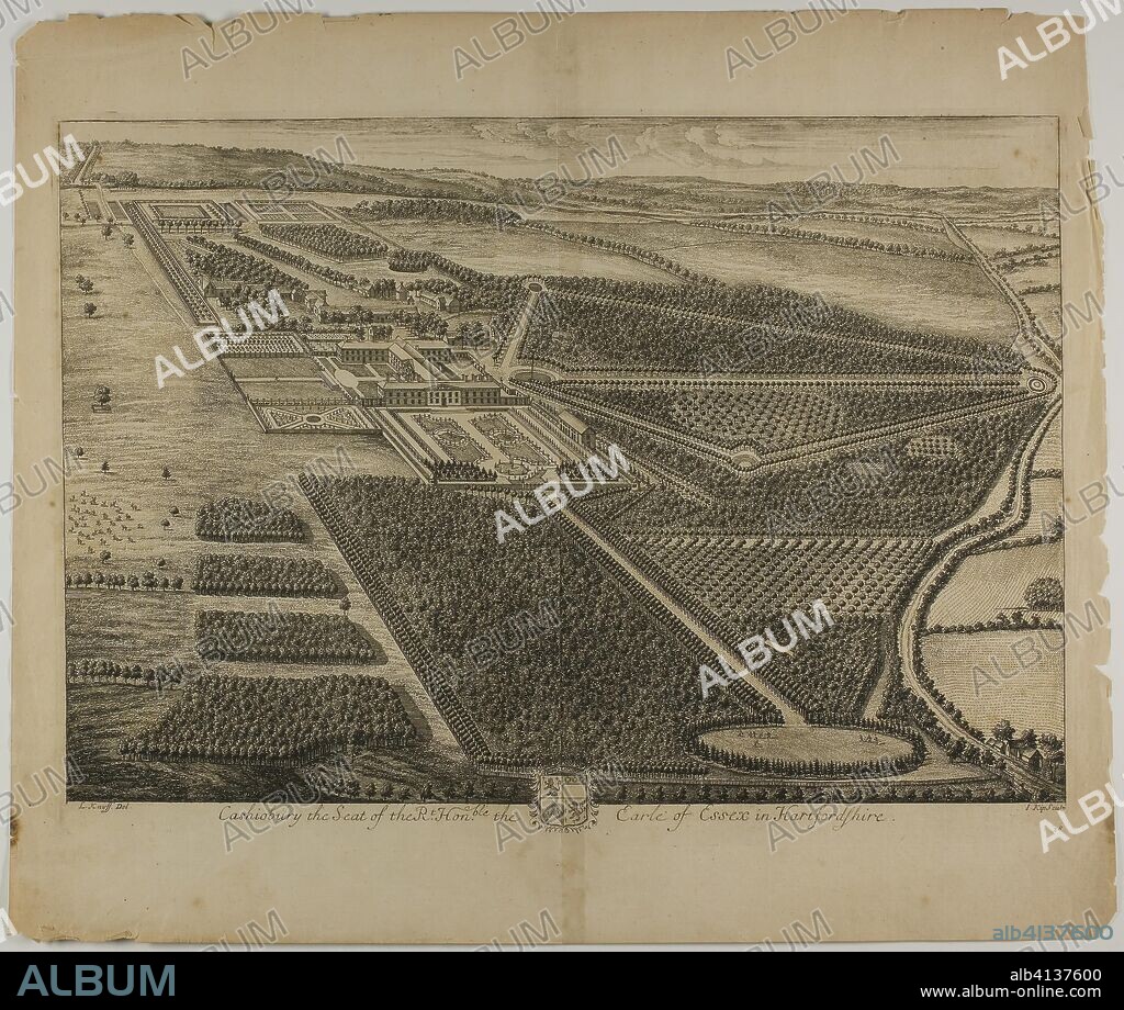 JOHANNES KIP. Cashiobury, plate 28 from Britannia Illustrata. Jan Kip (Dutch, c. 1653-1722); after Leonard Knyff (Dutch, 1650-1721); published by David Mortier (French, 1673-1728). Date: 1707. Dimensions: 323 x 472 mm (image); 348 x 479 mm (plate); 440 x 520 mm (sheet). Etching, with engraving, in black on cream laid paper. Origin: Netherlands.