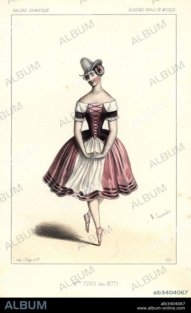 French ballet dancer Mlle. Sofia Fuoco in Betty, Academie Royale de Musique, 1846. Handcoloured lithograph after an illustration by Alexandre Lacauchie from Victor Dollet's Galerie Dramatique: Costumes des Theatres de Paris, Paris, 1845.