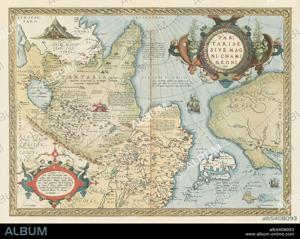 Tartaria sive magni chami imperium. Die Tatarei oder das reich des grosskhans. The Tartarei or the kingdom of the big khan. Theatrum Orbis Terrarum (Theatre of the World) is considered to be the first true modern atlas. Written by Abraham Ortelius and originally printed on May 20, 1570, in Antwerp, it consisted of a collection of uniform map sheets and sustaining text bound to form a book for which copper printing plates were specifically engraved. The Ortelius atlas is sometimes referred to as the summary of 16th cartography and the first time that the entirety of Western European knowledge of the world was brought together in one book. Most of the maps were admittedly reproductions, and many discrepancies of delineation or nomenclature occur. From its original 70 maps and 87 bibliographic references in the first edition (1570), the atlas grew through its 31 editions to encompass 183 references and 167 maps in 1612.
