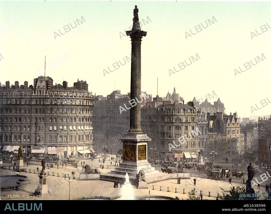 Trafalgar Square viewed from the National Gallery, London, England, 1890-1900. Nelson's Column in the centre with Edwin Landseer's lions guarding the plinth. City Architecture Traffic Transport Omnibus Horse.