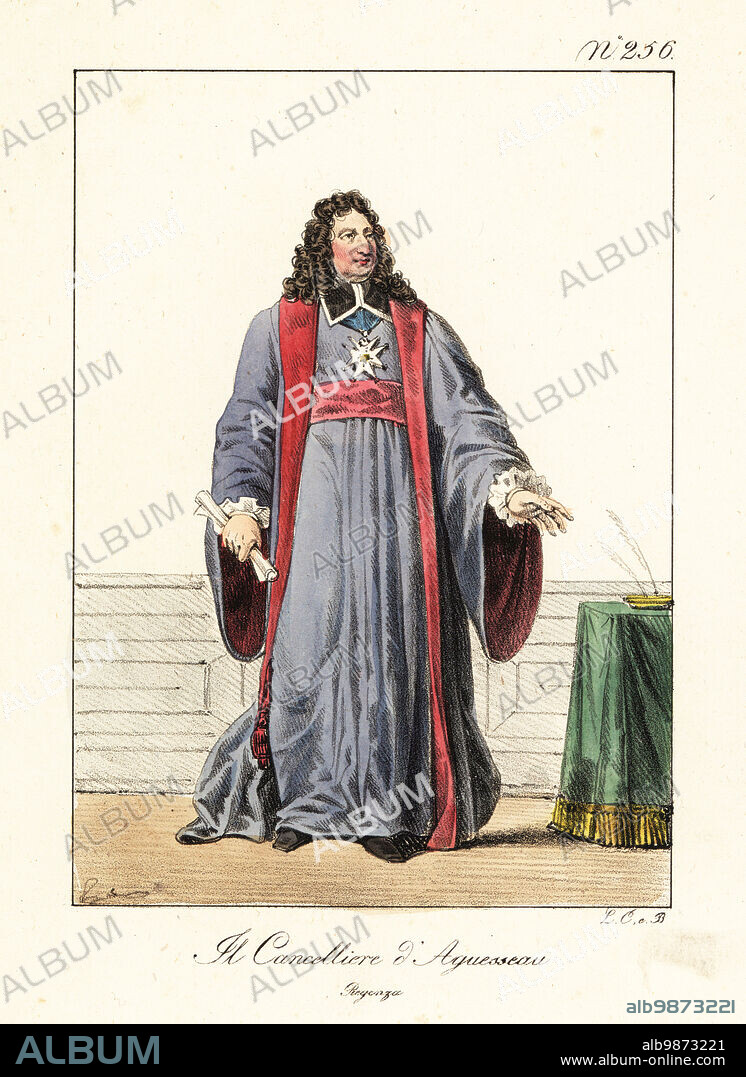 Henri François d'Aguesseau, 1668-1751, Chancellor of France three times between 1717 and 1750 during the Regency of Philippe II, Duke of Orleans, and later under King Louis XV. Le Chancelier d'Aguesseau. Regence. Handcoloured lithograph by Lorenzo Bianchi and Domenico Cuciniello after Hippolyte Lecomte from Costumi civili e militari della monarchia francese dal 1200 al 1820, Naples, 1825. Italian edition of Lecomtes Civilian and military costumes of the French monarchy from 1200 to 1820.