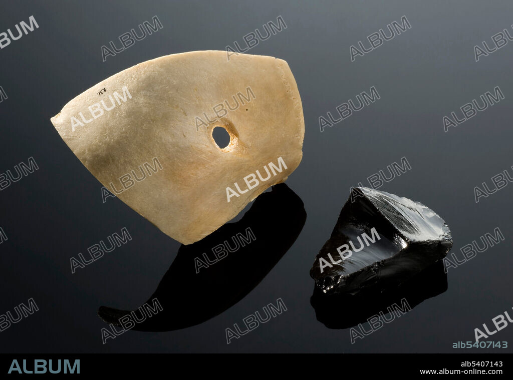 Trepanned Skull Piece and Obsidian Knife