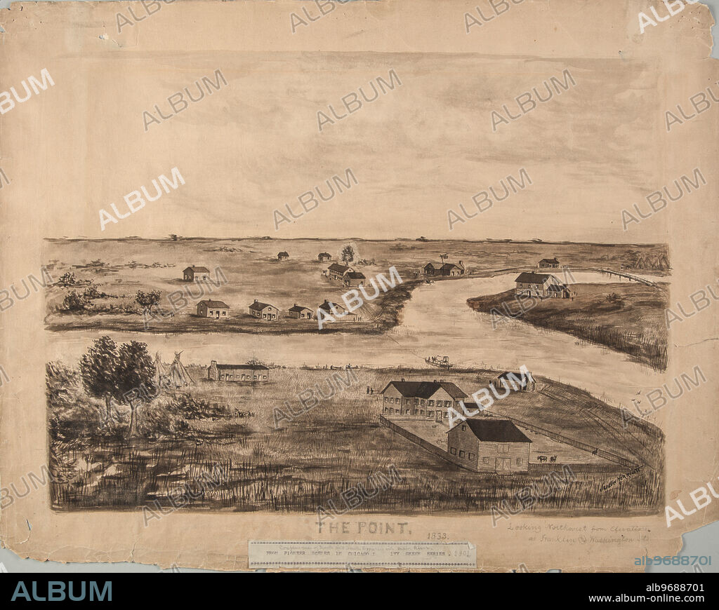 Drawing of early Chicago depicting settlement at Wolf's Point at the fork of the Chicago River, Chicago, Illinois, 1833. View shows Sauganash Tavern owned by Mark Beaubien.