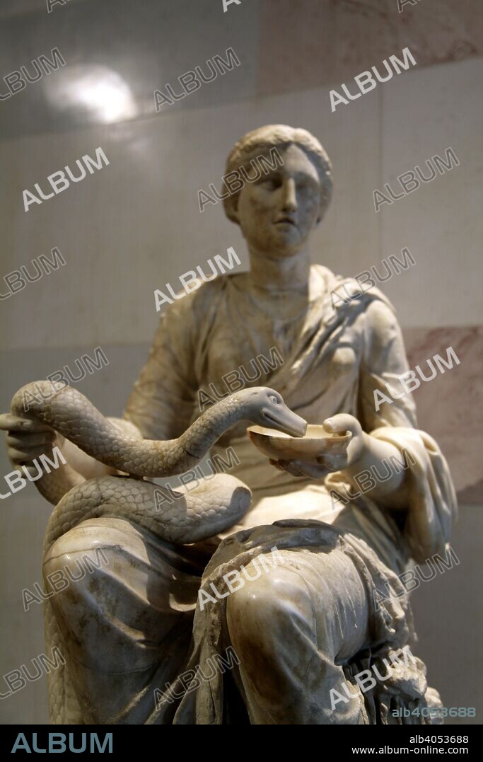 Statue of Hygieia, Goddess of Health. Roman, after a Greek original of 3rd century BC. In Greek and Roman mythology Hygieia was the daughter of Asklepios, the God of Medicine. Her name is the source of the word 'hygiene'. Found in the collection of The Hermitage, St Petersburg.