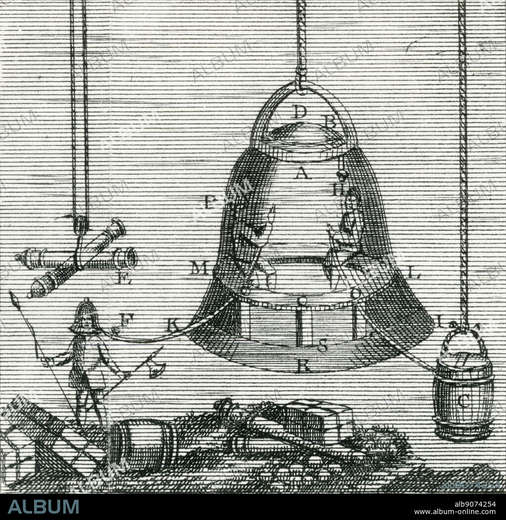 'Diving bell invented by Edmond Halley (1656-1743) being used in salvage operation. Barrel, C, reservoir of air connected by tube to bell. Diver, F, wears helmet connected to bell by tube. Engraving 1782.'.