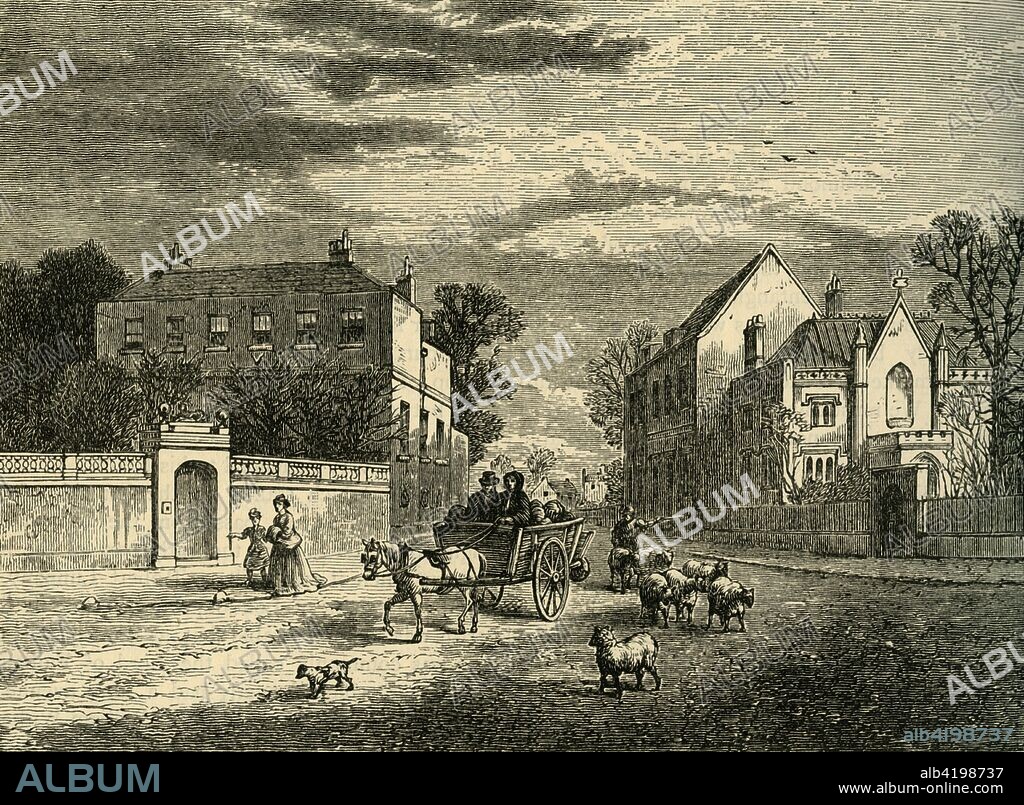 'Holcrofts and the Priory, Fulham', (c1878). View of the Fulham Road, with Holcrofts Hall to the left, and Holcrofts Priory on the right. Sheep are being driven down the street, with people travelling in a horse-drawn cart. Holcrofts Halll, built c1700, was at one time the home of English actress and a contralto opera singer Madame (Lucia) Vestris, (1797-1856). Fulham, which at that time was a village on the River Thames, is now part of greater London. From Old and New London: A Narrative of Its History, Its People, And Its Places. The Southern Suburbs, Volume VI, by Edward Walford. [Cassell, Petter, Galpin & Co., London, Paris & New York, c1878].