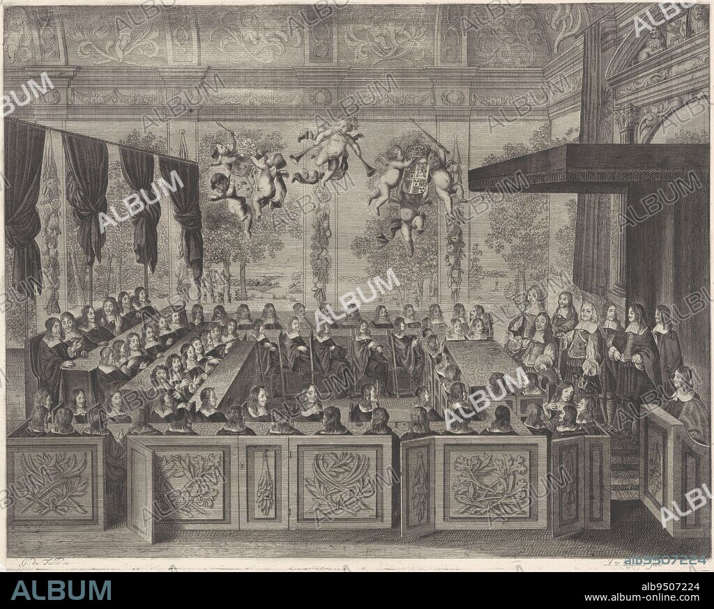 King Charles II of England addresses the seated members of the States General, 1660, Anthony van Zijlvelt, after G. du Falle, 1800 - 1922, King Charles II of England addresses the States General on June 1, 1660 after his tour of the Netherlands and before his departure for England. On the right, the king is seated behind a table under a canopy. In the sky putti with the arms of Holland and the king of England. The walls are lined with landscape scenes., print maker: Anthony van Zijlvelt, (mentioned on object), G. du Falle, (mentioned on object), Amsterdam, 1660 - 1695 and/or 1800 - 1922, paper, etching, engraving, h 380 mm × w 481 mm.