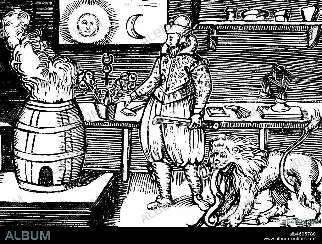 A woodcut engraving depicting the Twelfth Key of the Legendary Basil Valentine, symbolising the successful making of the Philosophers Stone. The lion eating the snake is an emblem of one element transforming another. Dated 17th century.