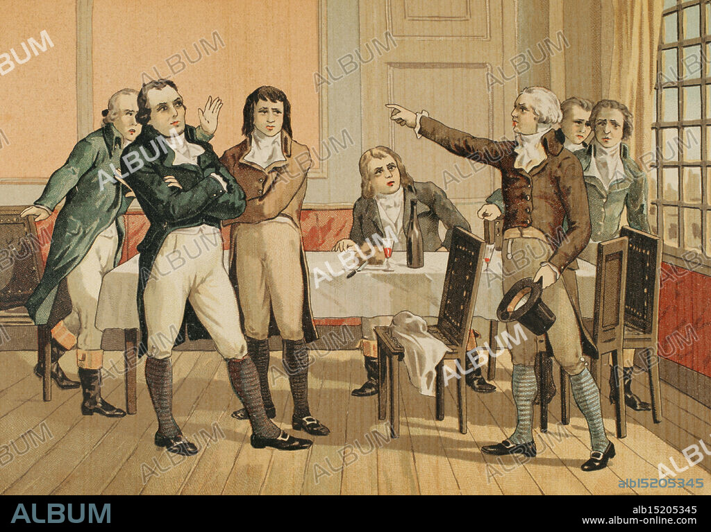 Revolución Francesa. Ultima entrevista entre Danton (1759-1794) y Robespierre (1758-1794), el 28 de junio de 1793 en un café parisino de la rue du Paon. Cromolitografía. "Los Girondinos" (Revolucion Francesa), por A. de Lamartine. Tomo I. Publicada en Barcelona, 1904.