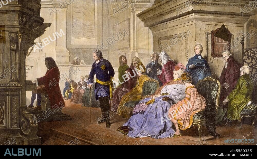 HERMANN KAULBACH and THEODOR KNESING. Bach, Johann Sebastian Composer, 1685-1750. Bach at the court of Frederick th. Gr.: playing the organ before the king, 7th/8th of May 1747 in Potsdam. Woodcut, coloured, by Knesing after the painting by Hermann Kaulbach, 1870.