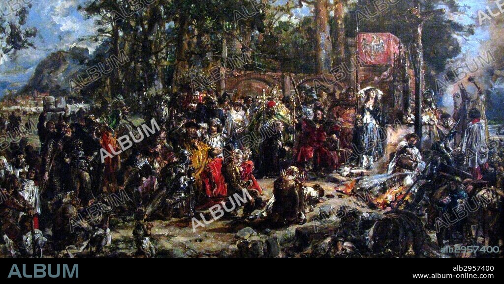 Painting depicting the Baptism of Lithuania. Painted by Jan Matejko. The Christianisation of the Grand Duchy of Lithuania was carried out in the years 1387-1388 by the first Bishop of Vilnius Andrew Jastrzebiec. Dated 1889.