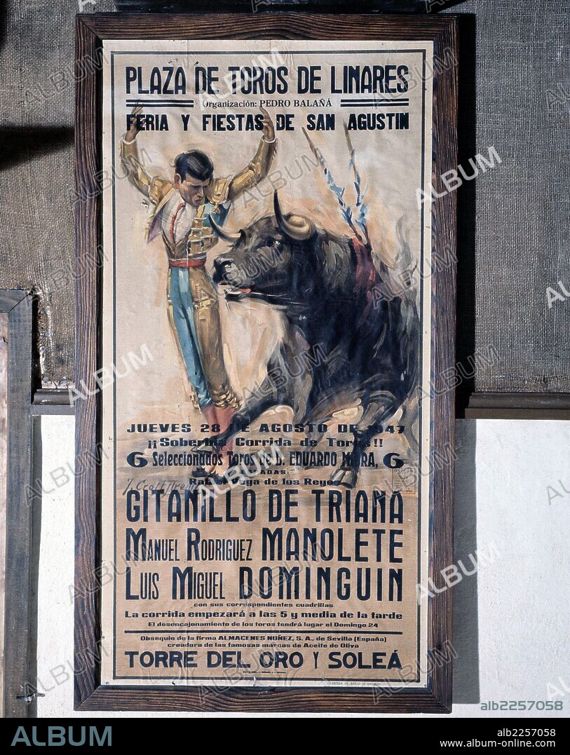 MANOLETE. MANUEL RODRIGUEZ SANCHEZ. MATADOR DE TOROS ESPAÑOL. CORDOBA 1917 -1947. CARTEL DE LA FERIA DE LINARES , AÑO 1947 , DONDE FUE COGIDO MORTALMENTE.